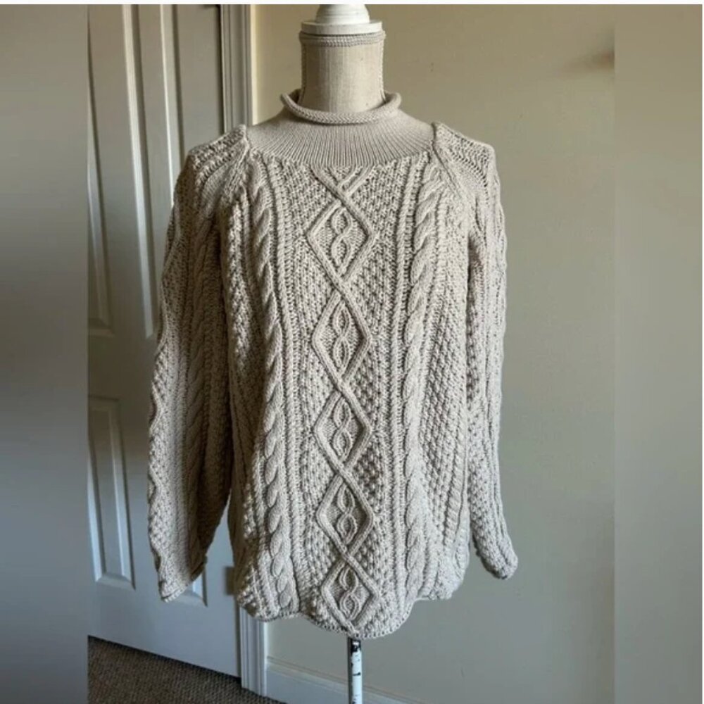 Anthropologie Vintage Style Cotton Chunky Cable Knit Ivory Sweater